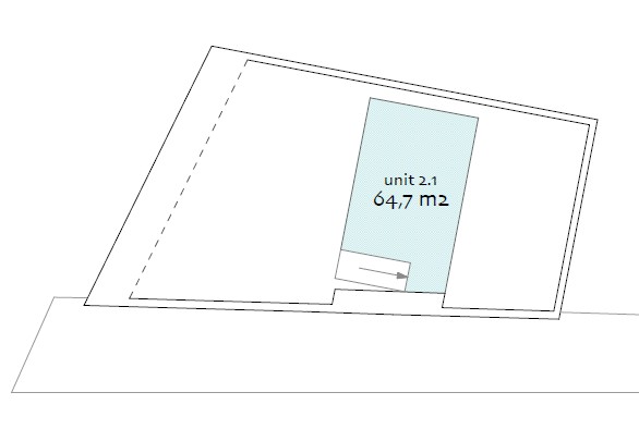 Plattegrond van unit 2.1 aan de Fred. Roeskestraat met een oppervlakte van 64,7 m².